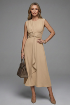 Round neck midi dress elegant silhouette
