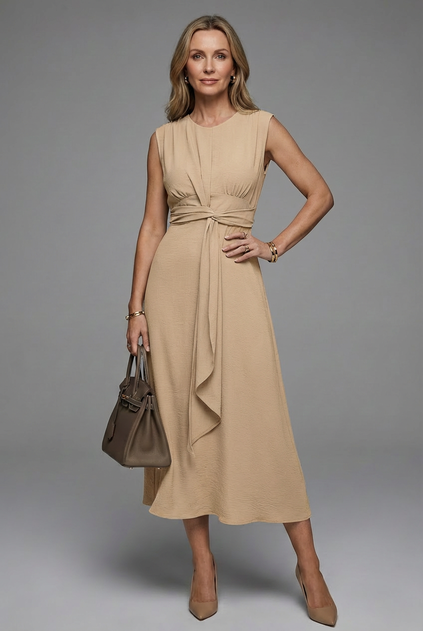 Round neck midi dress elegant silhouette