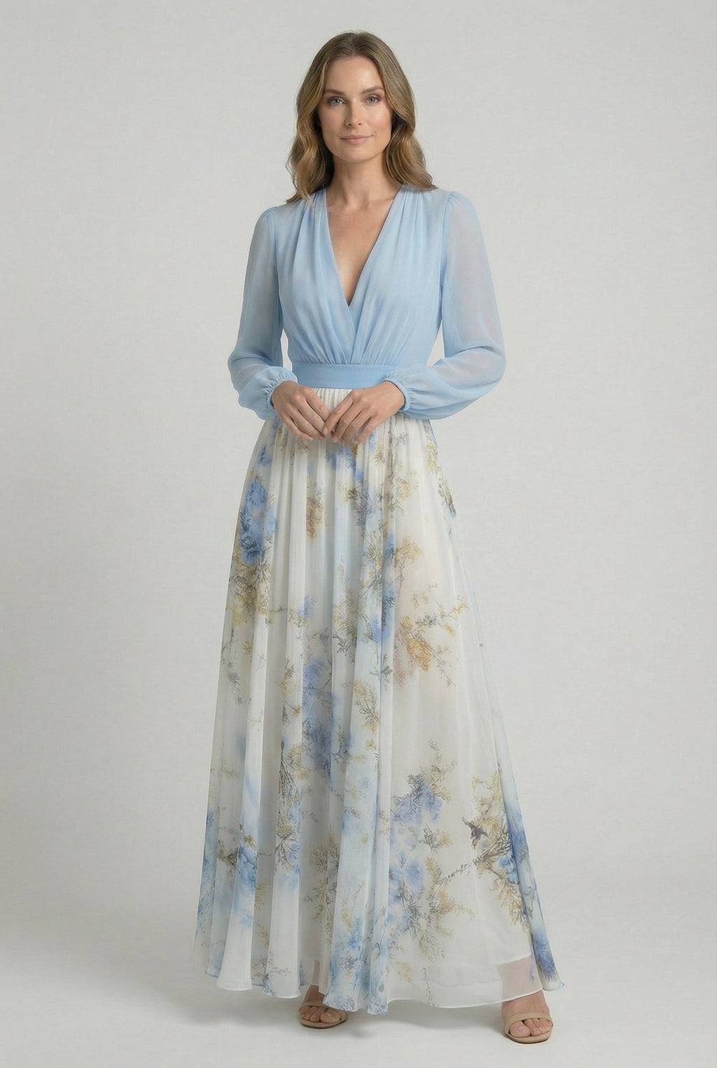 Women's chiffon floral maxi dress with powder blue bodice, front view