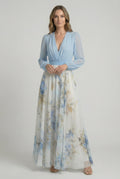 Women's chiffon floral maxi dress with powder blue bodice, front view