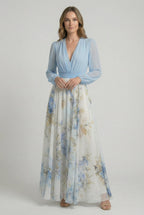 Women's chiffon floral maxi dress with powder blue bodice, front view