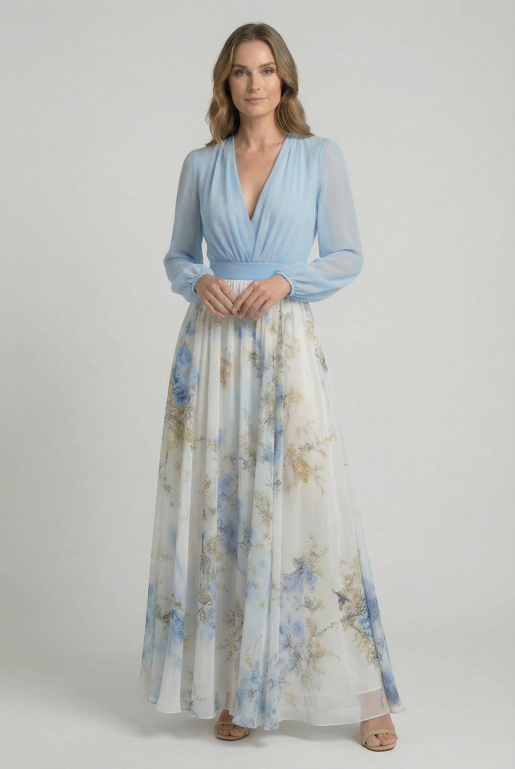 Women's chiffon floral maxi dress with powder blue bodice, front view