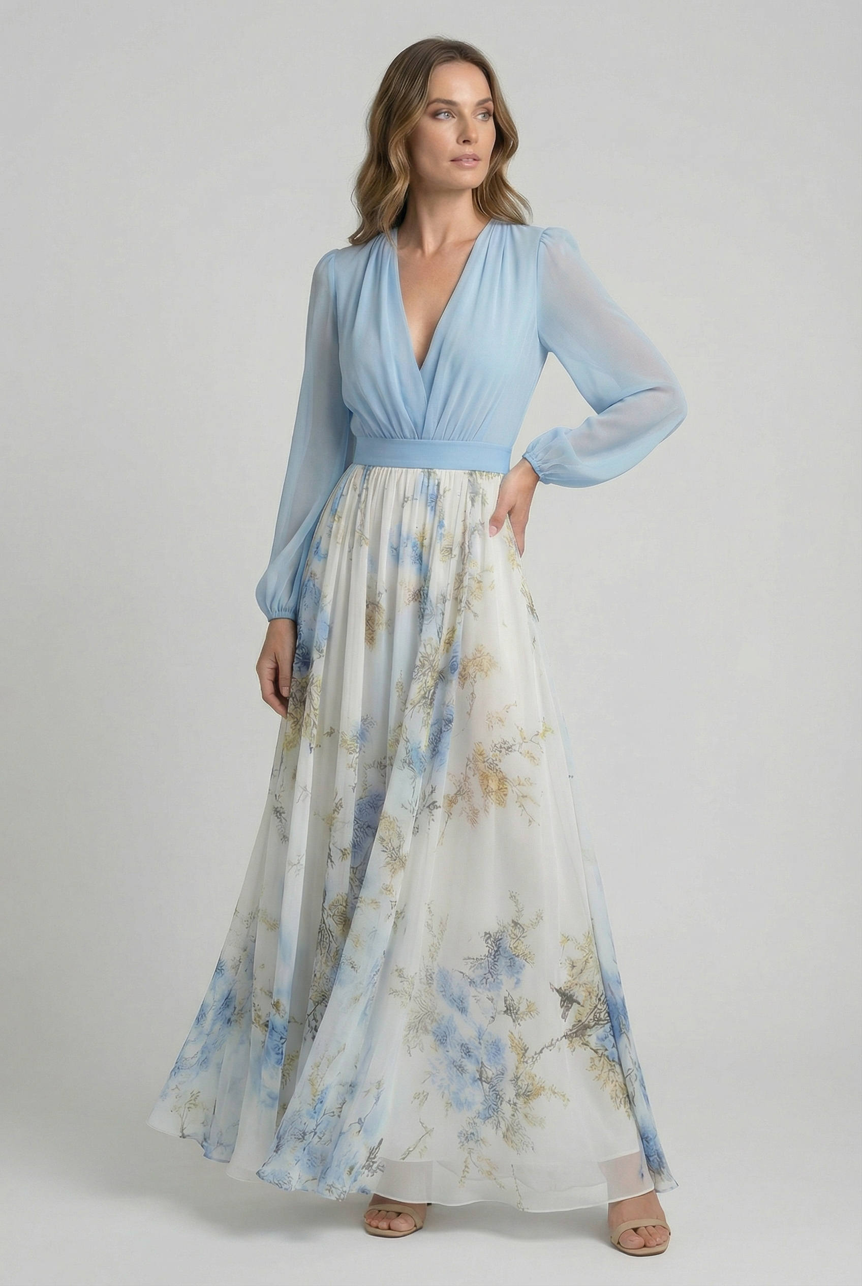 Women's watercolour floral dress, side view showing full-length silhouette