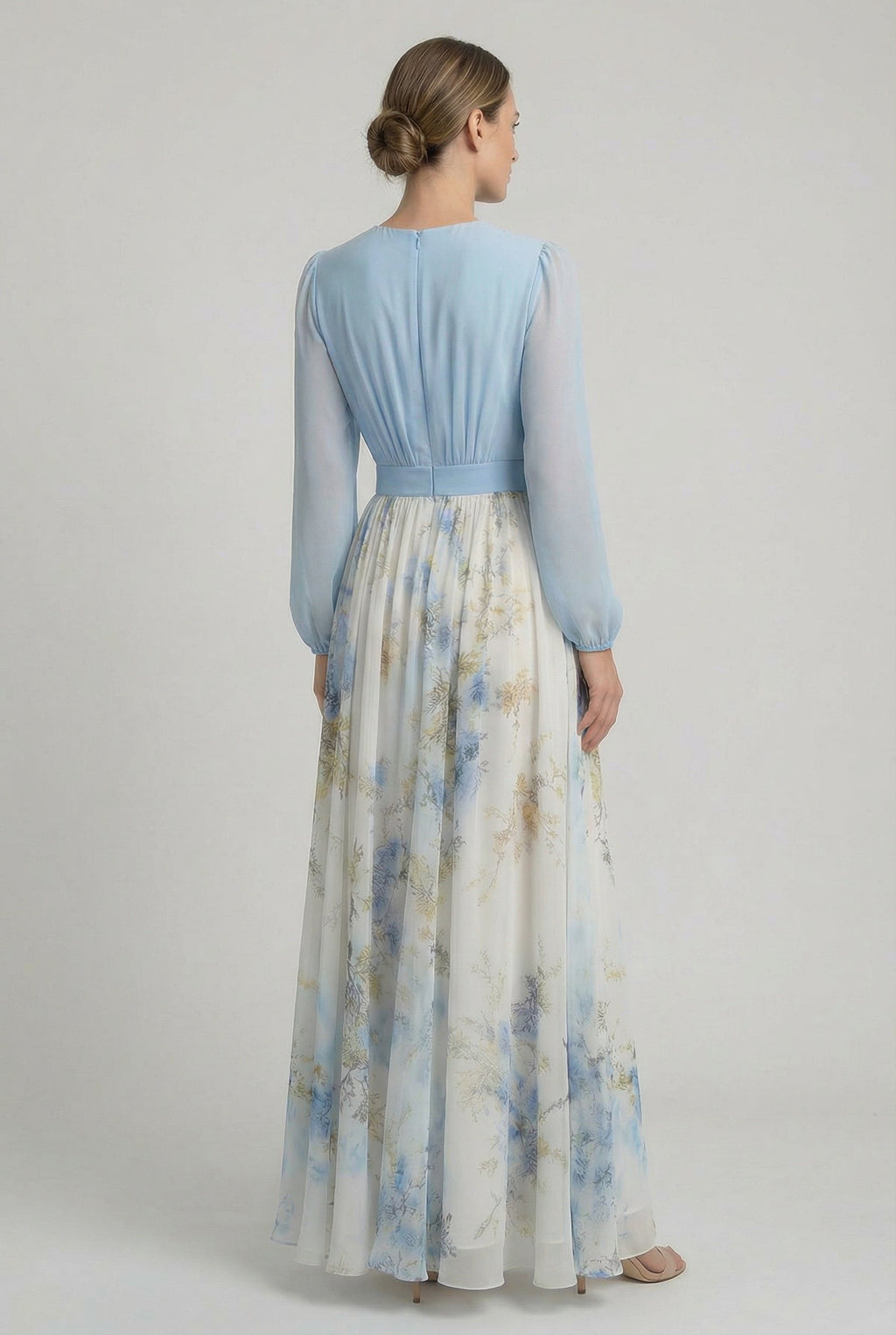 Women's blue bodice floral maxi dress, close-up of V-neckline