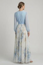 Women's blue bodice floral maxi dress, close-up of V-neckline