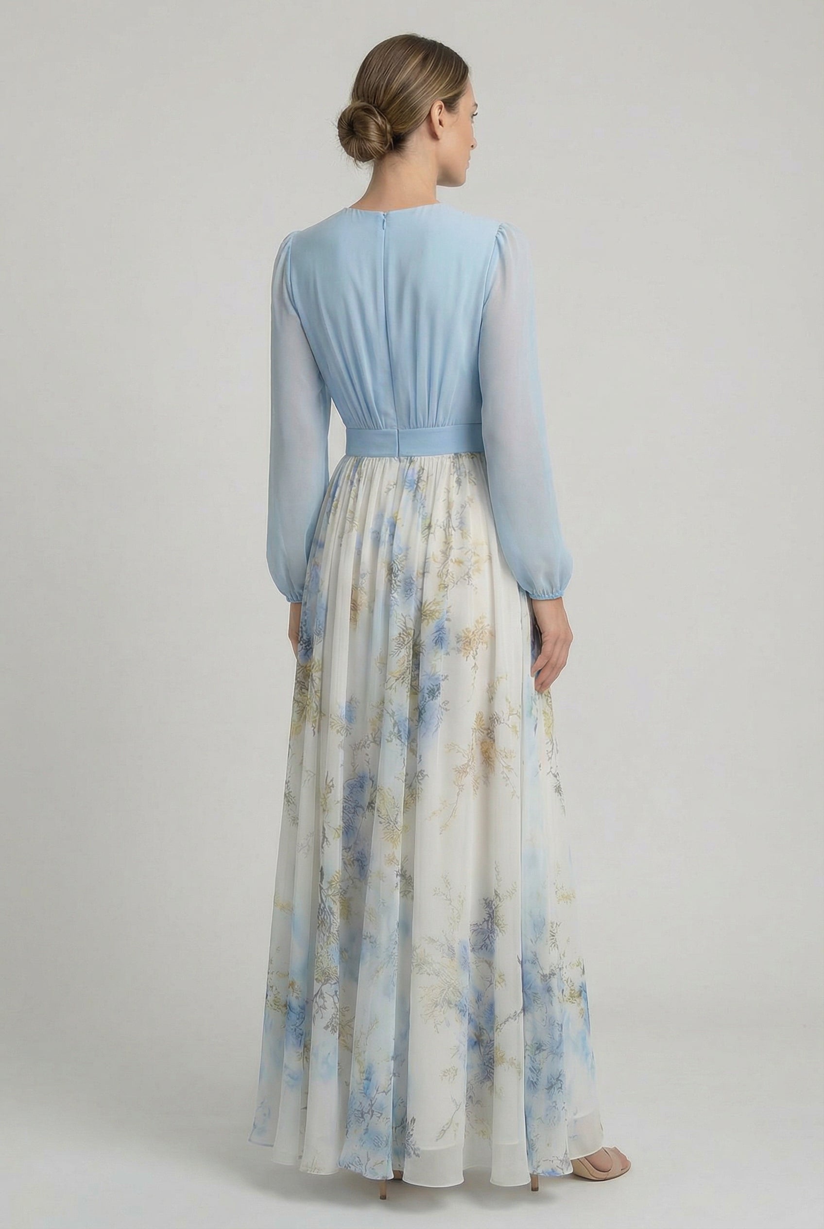 Women's blue bodice floral maxi dress, close-up of V-neckline