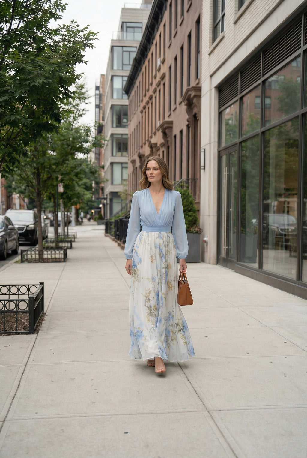 Women's chiffon occasion dress with blouson sleeves, full length styling