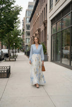 Women's chiffon occasion dress with blouson sleeves, full length styling