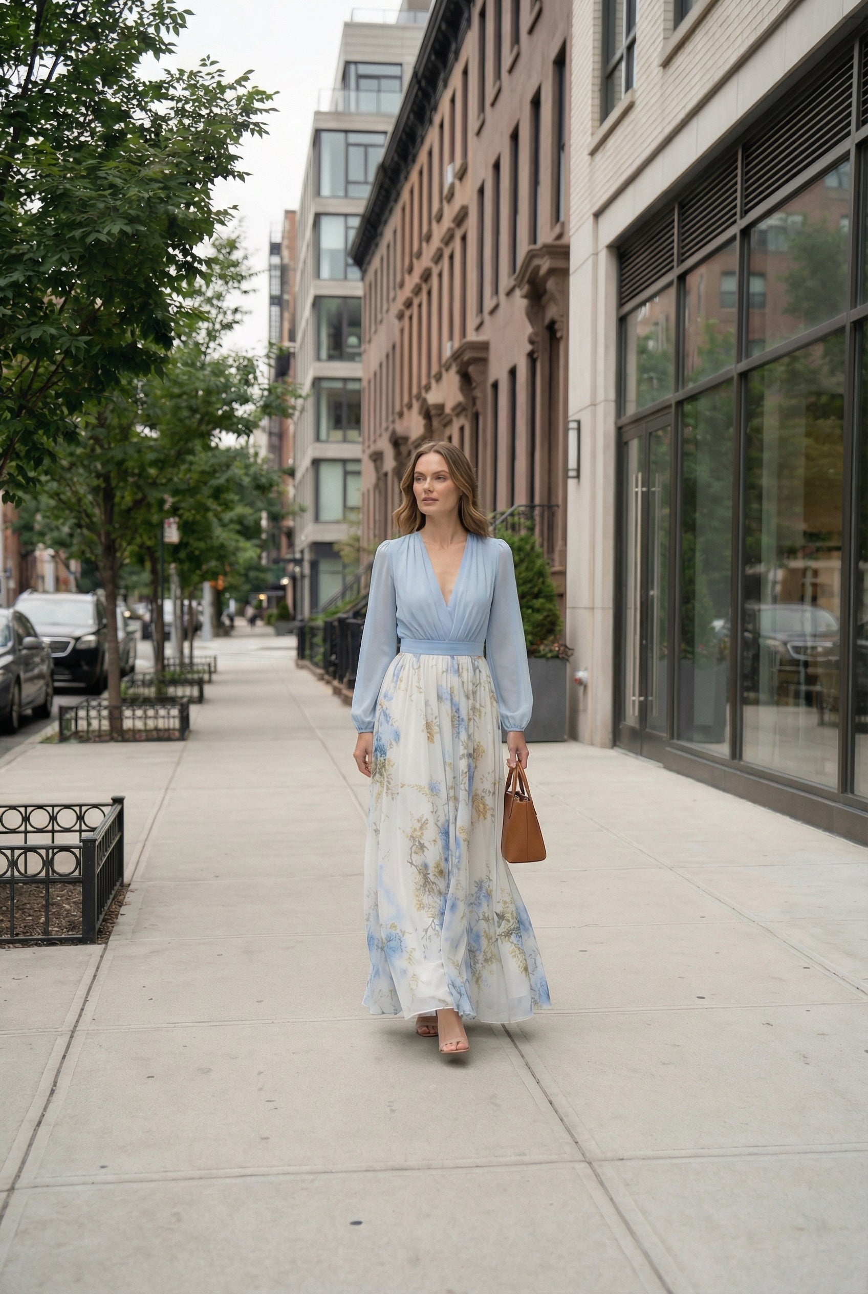 Women's chiffon occasion dress with blouson sleeves, full length styling