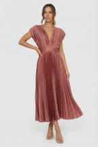 Women's pleated maxi dress with V-neckline, side view