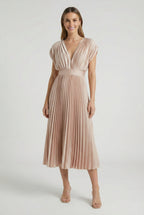 Women's pleated sleeveless maxi dress, full length front view