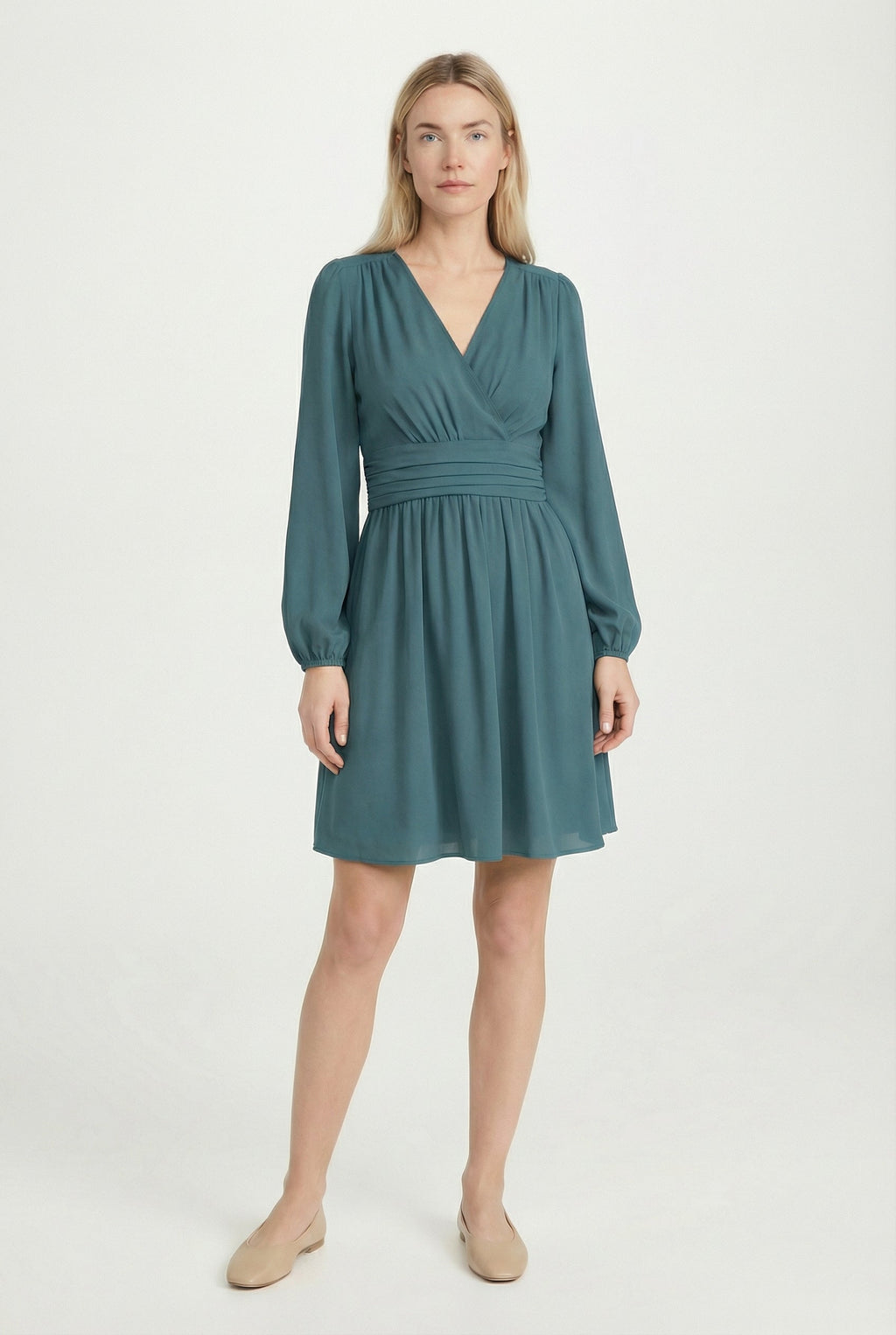 Women's lightweight pleated V-neck midi dress, front view