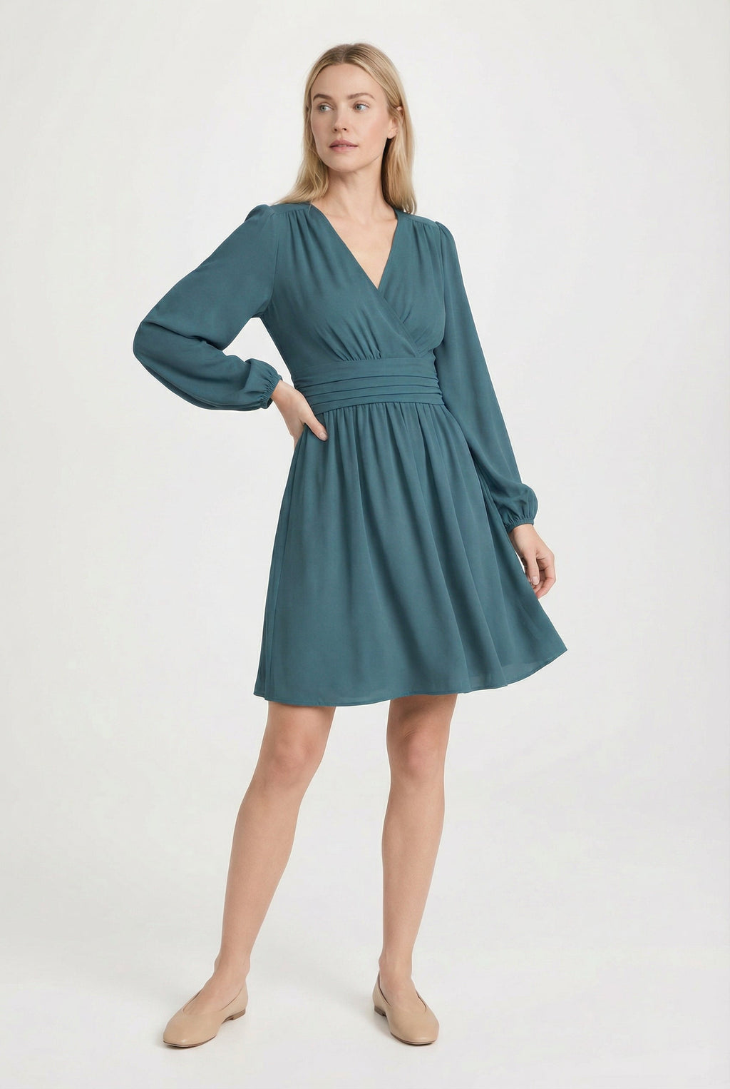 Women's pleated sleeve midi dress, side view showing silhouette