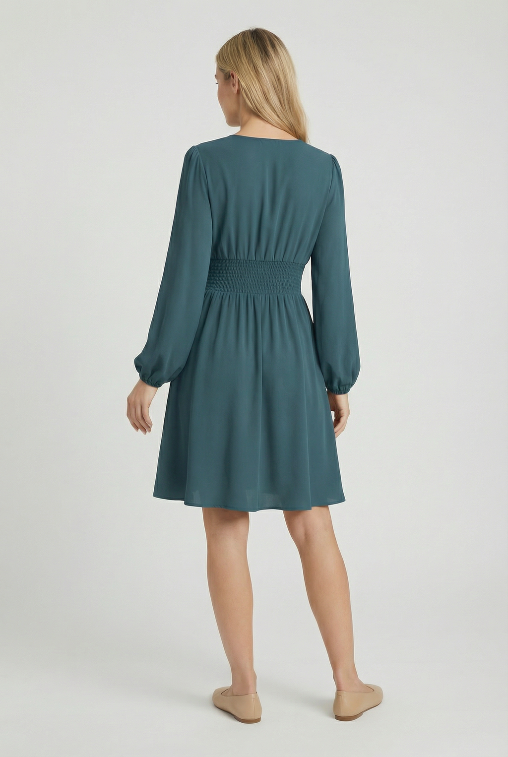 Women's elegant pleated midi dress, close-up of sleeve and neckline detail