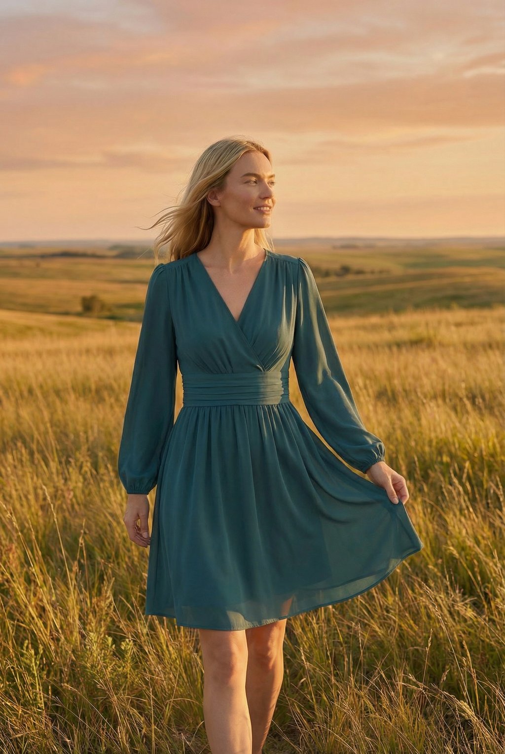 Women's lightweight pleated midi dress, back view