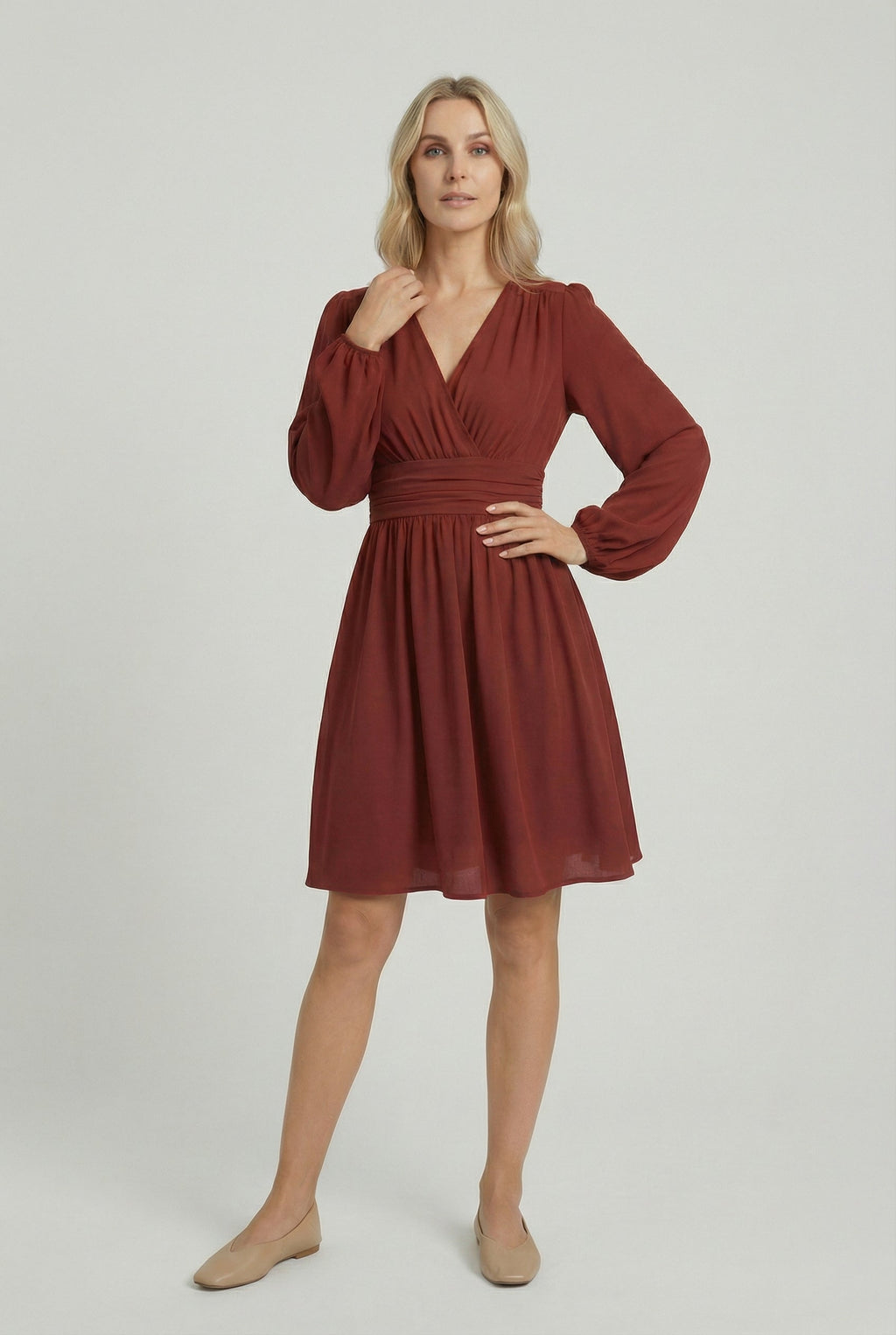 Women's pleated V-neck midi dress, full length front view