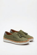 Women's vegan leather slip-on shoes with perforated upper, front view