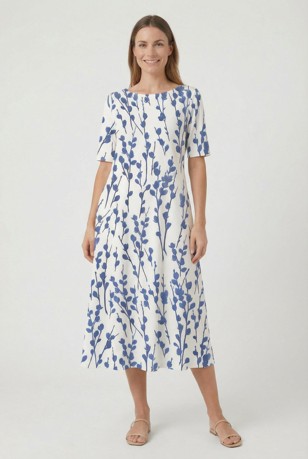 Women's loose fit floral midi dress in blue – short sleeve relaxed front view