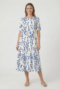 Women's loose fit floral midi dress in blue – short sleeve relaxed front view