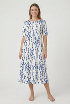 Women's loose fit floral midi dress in blue – short sleeve relaxed front view