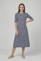 Women's loose fit ditsy floral midi dress in navy – short sleeve pockets