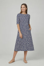 Women's loose fit ditsy floral midi dress in navy – short sleeve back view