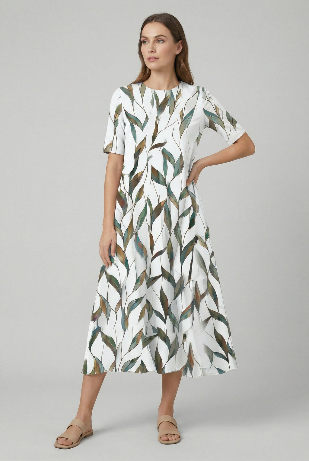 Sage green loose fit leaf print midi dress – women's short sleeve relaxed fit
