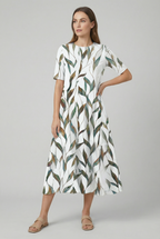 Sage green loose fit leaf print midi dress – women's short sleeve relaxed fit