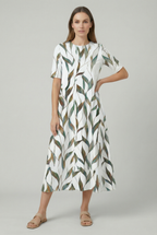 Women's loose fit botanical print midi dress in sage green – short sleeve