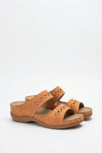 Women's vegan leather sandals, close-up of adjustable hook-and-loop strap