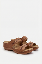 Women's open toe vegan leather sandals, top-down view