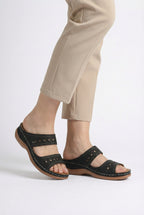 Women's vegan leather open toe sandals, third colour option front view