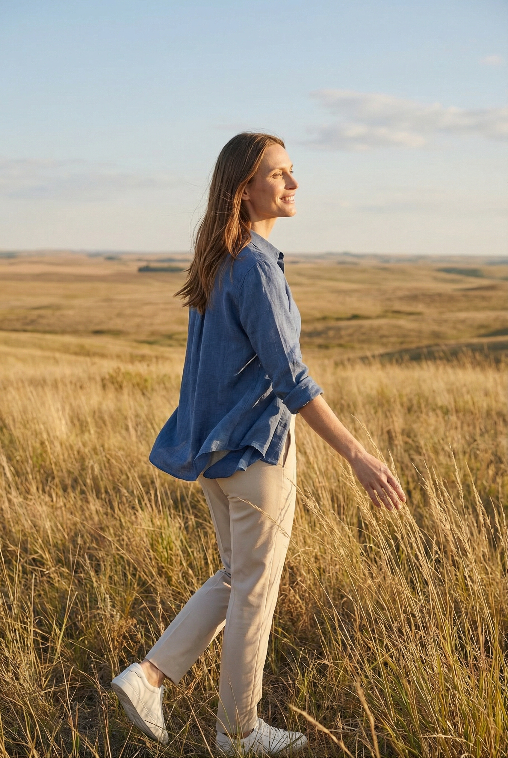 Women's relaxed fit shirt worn loose, casual styling