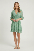 Women's silky ruffled mini dress, full length front view
