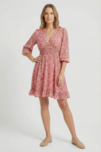 Women's silky flowy V-neck summer mini dress with ruffles, front view