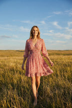 Women's flowy V-neck mini dress, back view