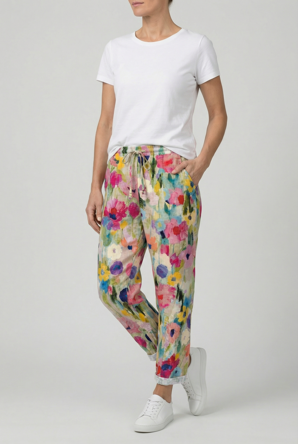 Women's colourful summer sweatpants with elastic waistband, front view