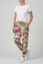 Women's colourful summer sweatpants with elastic waistband, front view