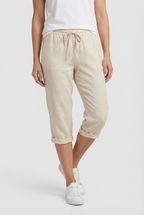 Women's linen capri trousers in beige – relaxed cropped fit pockets