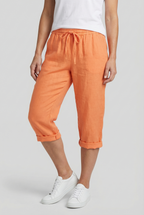 Women's linen capri trousers in orange – elasticated waist side pockets