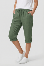 Green linen capri trousers for women – elasticated drawstring waist