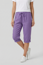 Purple linen capri trousers for women – elasticated drawstring waist