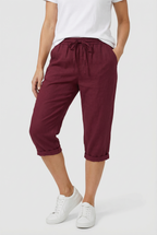 Burgundy linen capri trousers for women – elasticated waist summer style