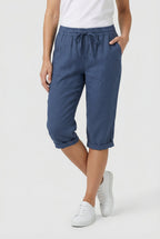 Women's linen capri trousers in navy – drawstring waist relaxed fit
