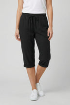 Black linen capri trousers for women – elasticated waist side pockets