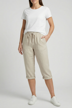 Women's linen capri trousers in khaki – elasticated waist pockets front view