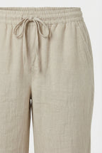 Women's linen capri trousers – elasticated drawstring waist close-up detail