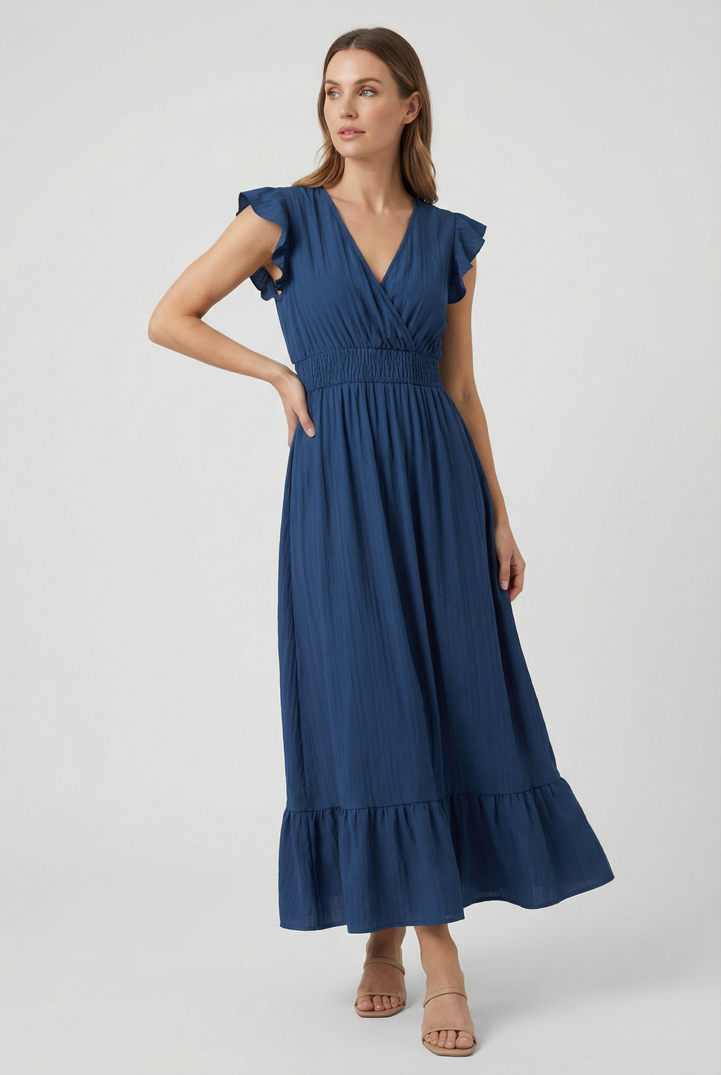 Women's deep V-neck maxi dress with ruffled sleeves, side view