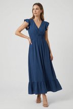 Women's deep V-neck maxi dress with ruffled sleeves, side view