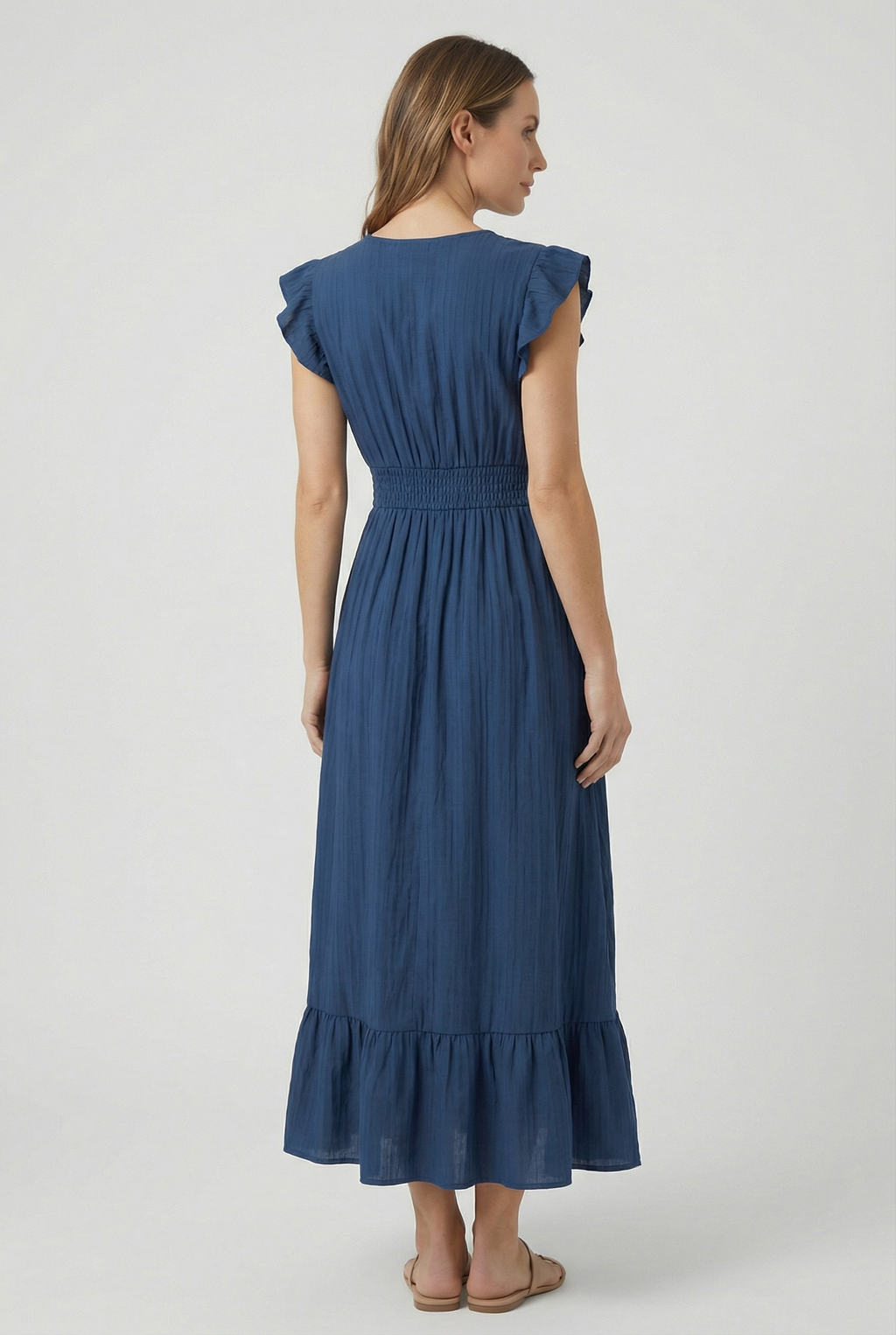 Women's A-line maxi dress, close-up of ruffle sleeve detail